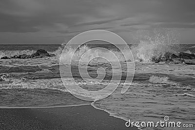 Black and white view of Adriatic sea during winter stormy Stock Photo