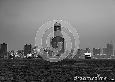 Black and white view of Kaohsiung port and skyline Stock Photo