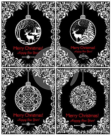 Black and white vintage cards for New Years and Christmas holiday with decorative hanging ball with winter landscape, deer, snowfa Vector Illustration