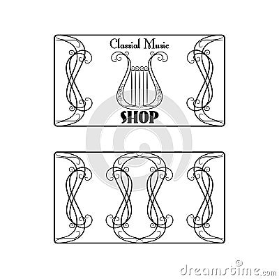 Black and white vintage sided business card in with the image of a harp on the white background Vector Illustration