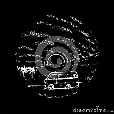 Black and white wagon, sunset, palm, clouds. Chalk on a blackboard Vector Illustration