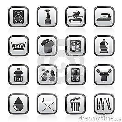 Black and white washing machine and laundry icons Vector Illustration