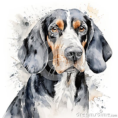 Black and white watercolor bluetick coonhound Stock Photo