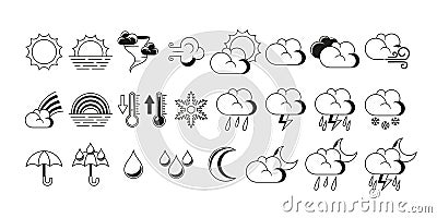 Black And White Weather Forecast Elements Set. Temperature, Wind Speed, Humidity, And Clouds, Sun And Rainbow Icons Vector Illustration