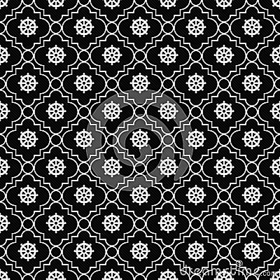 Black and White Wheel of Dharma Symbol Tile Pattern Repeat Backg Stock Photo