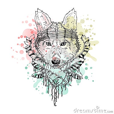 Black and white wild animal wolf head, abstract art, tattoo, doodle cketch. Vector Illustration