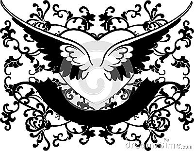 Black And White Wings Heart On Curves Background Vector Illustration