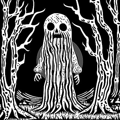 Woodcut Style Spooky Forest Monster Vector Illustration