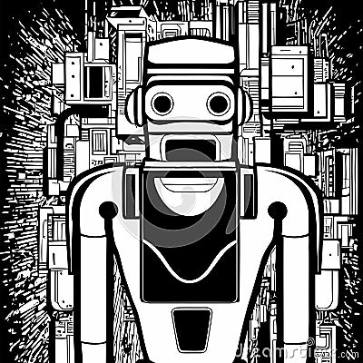 Black and White Woodcut Robot Portrait Stock Photo