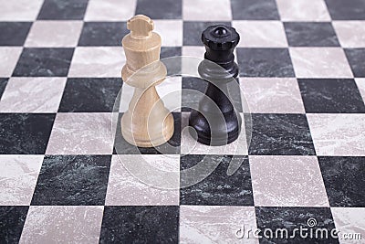 Black and white wooden kings on chessboard Stock Photo