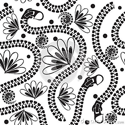 Black and white zippers vector seamless pattern. Ornamental floral background. Abstract repeat decorative backdrop. Hand drawn Vector Illustration