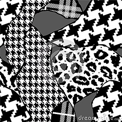 Black and whiye modern patchwork collage animal skin mixed with geometric pattern, tartan and border ornament in Vector Illustration