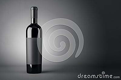 Black wine bottle with empty blank label on abstract dark background with copyspace for your text, red wine concept. 3D rendering Stock Photo