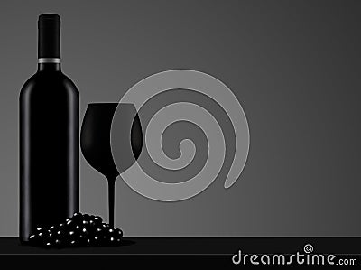 Black wine bottle with glass and grape Cartoon Illustration