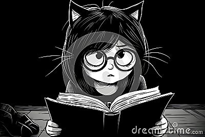 Black Witch's Cat reading the Book of Dark Magic. Hammer of the witches. Malleus Maleficarum. Book of spells. illustration Stock Photo