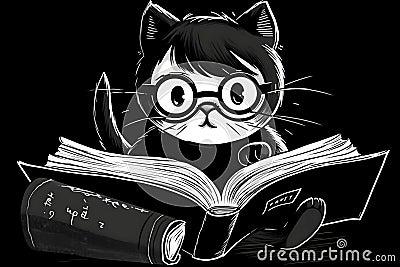 Black Witch's Cat reading the Book of Dark Magic. Hammer of the witches. Malleus Maleficarum. Book of spells. illustration Stock Photo