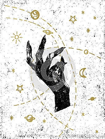 Black witch`s hand with cosmos illustration on white textured ba Vector Illustration