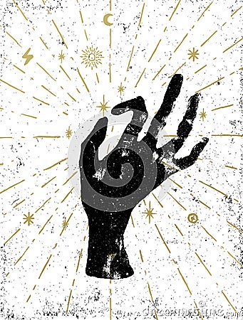 Black witch`s hand with light rays and symbols of the elements o Vector Illustration