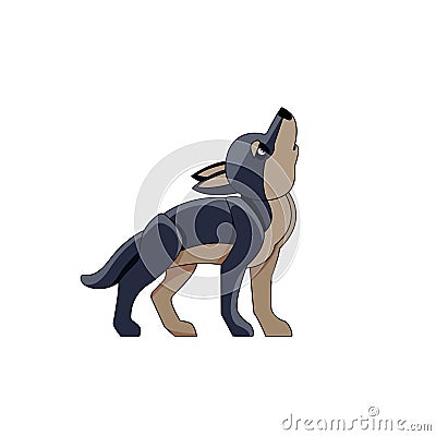 Black wolf cub howls in the sky. Cartoon character of a kid mammal animal. A wild forest creature with dark fur. Side Vector Illustration