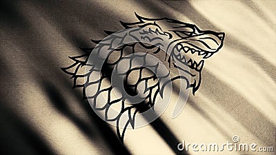 Black wolf grin silhouette on fluttering abstract flag of beige color, seamless loop. Head of direwolf as an emblem of Editorial Stock Photo