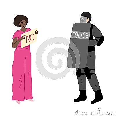 Black woman activist getting riot police resistance during strike for human rights Vector Illustration
