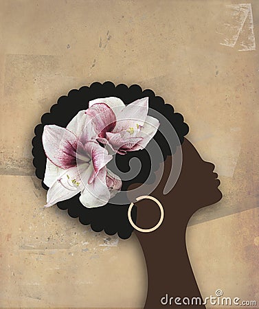 Black woman, african american. Female profile with frizzy black hair and big lily flowers Stock Photo