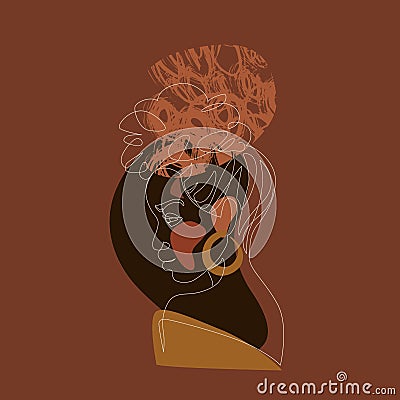 Black woman afro portrait with geometric shapes background. Female profile continuous line art Vector Illustration