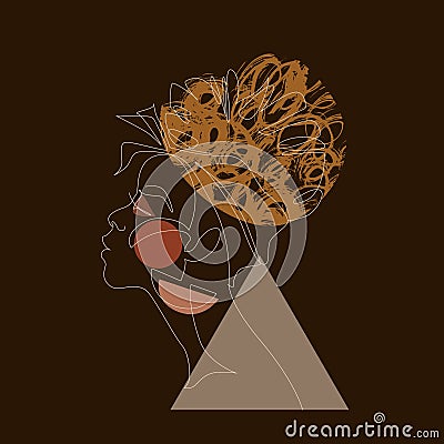 Black woman afro portrait with geometric shapes background. Female profile continuous line art Vector Illustration