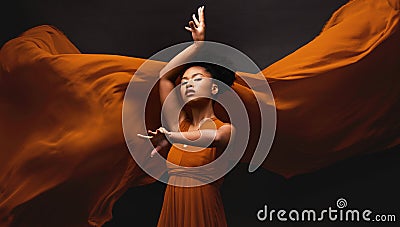 Black woman, art and fashion, fabric on dark background with dance and aesthetic movement. Flowing silk, fantasy and Stock Photo