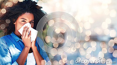 Black woman, blowing nose and allergies, sick with health fail on banner and bokeh, portrait and sinus infection Stock Photo