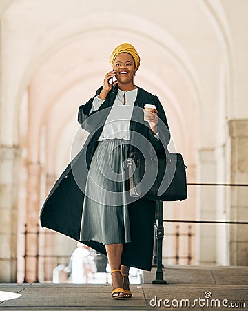 Black woman with coffee, phone call and lawyer outside court with smile, consulting on legal advice and walk to work Stock Photo