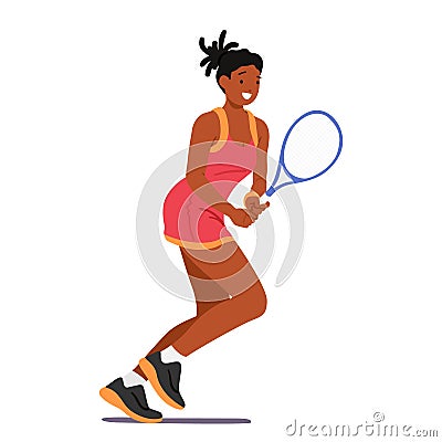 Black Woman Confidently Swings Her Tennis Racket With Precision, Focusing On Each Ball. Her Footwork Is Agile Vector Illustration