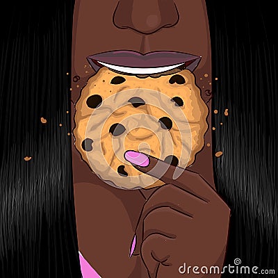 Black woman eat cookie hand drawing portrait Stock Photo