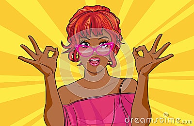 Black woman with glasses showing okay gesture action Vector Illustration