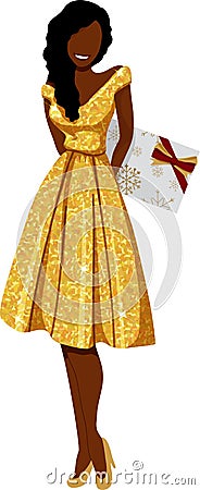 Black Woman in Gold Sparkling Dress with Christmas Present Vector Illustration