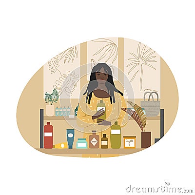 Black woman holding bottle of chosen bodycare product in cosmetics store Vector Illustration
