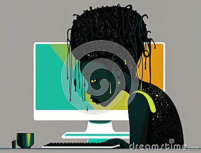 A black woman hunched over a home computer her dark skin contrasting against the bright monitor.. AI generation Stock Photo