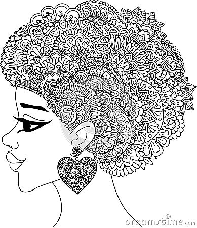 Line art design of black woman with mandala hair for design element. Vector illustration Vector Illustration
