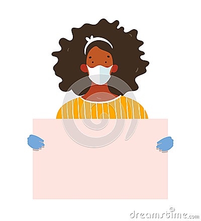A black woman in a medical mask and gloves holds a poster with place for text. Template for design, coronavirus epidemic Vector Illustration