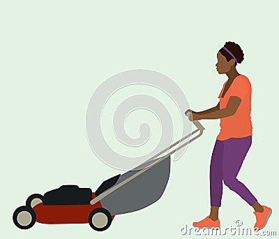 Black Woman Mowing Lawn Vector Illustration