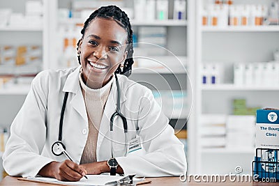 Black woman, pharmacist portrait and smile consultant with stock and health research for wellness. Happy, pharmacy Stock Photo