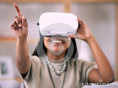 Black woman, pointing and virtual reality glasses for metaverse, smile and games in living room. Vr, Nigerian female and Stock Photo