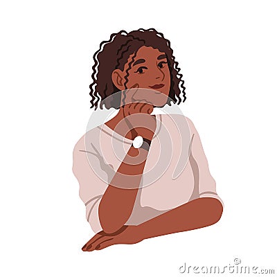 Black woman portrait with Afro curls, bob cut hairstyle. Young pretty girl with curly, kinky frizzy hair styling. Female Vector Illustration