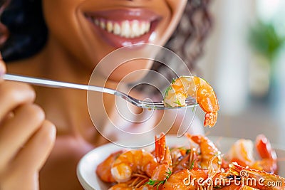 Black woman relishes boiled prawns at home Stock Photo