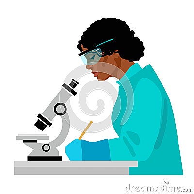 Black woman scientist looking through microscope and writing. Vector Vector Illustration