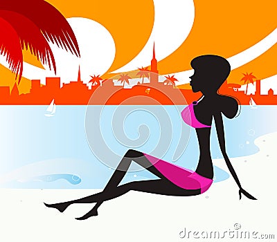 Black woman silhouette: girl relaxing on the beach Vector Illustration