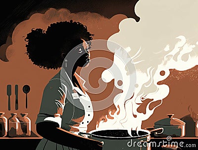 A black woman stirs a bubbling boiling pot of st as the fraant aroma of es mixes with the steam and fills the kitchen Stock Photo