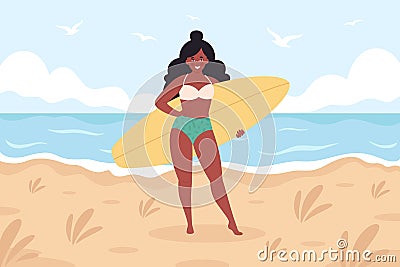 Black woman with surfboard on the beach. Summer activity, summertime, surfing. Hello summer. Summer Vacation. Hand drawn Vector Illustration