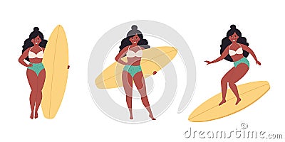 Black woman with surfboard. Summer activity, water sport, surfing. Hello summer. Summer Vacation. Hand drawn vector Vector Illustration