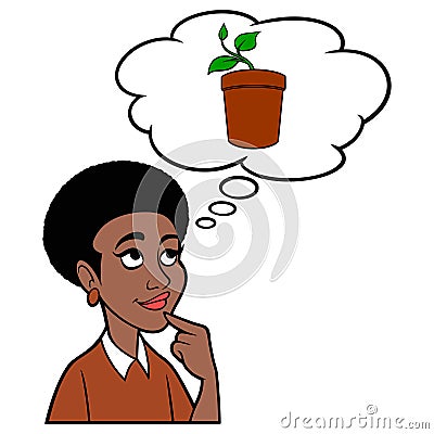 Black Woman thinking about a Potted Plant Vector Illustration